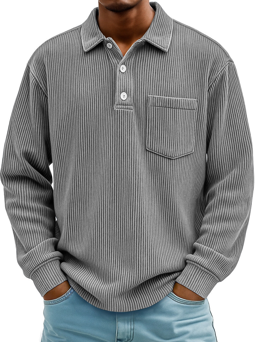 Mens Long-sleeve Polo Shirt Casual Corduroy-striped Top