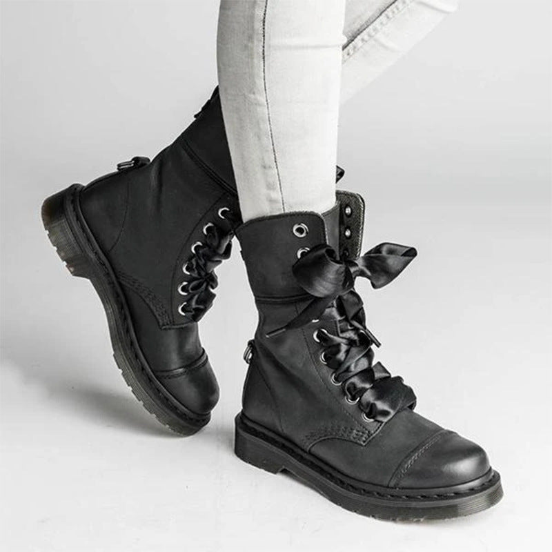 British-style Lace-up Round-toe Flat Ankle Boots For Women