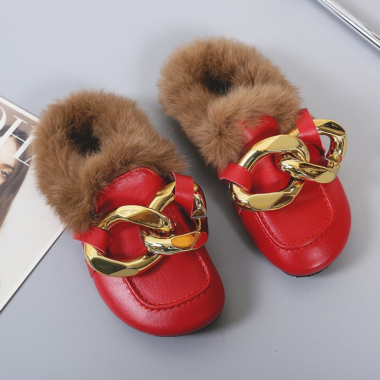 Large Chain Wool Slippers Women's Thick-soled Round Head Baotou Slippers