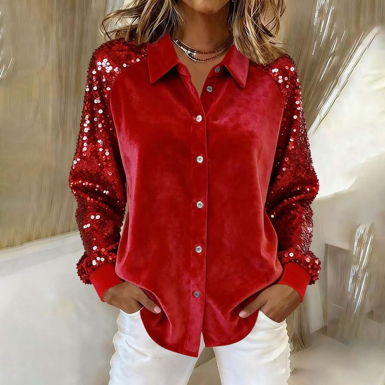 New Womens Long-sleeve Shirt In Gold Velvet With Sequin Patchwork