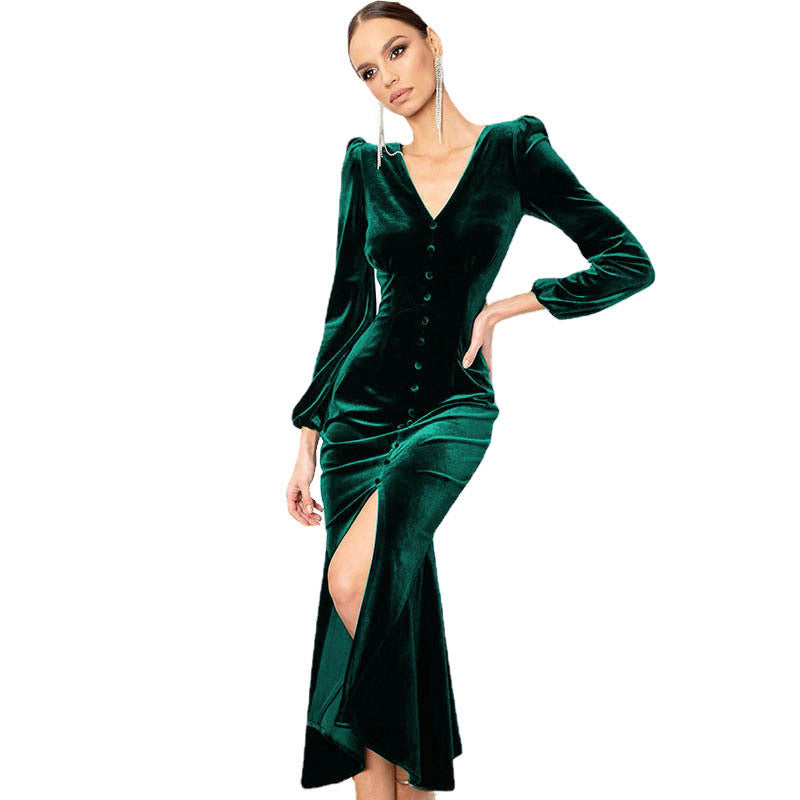 Knitted V-neck Padded-shoulder Long-sleeve Dress
