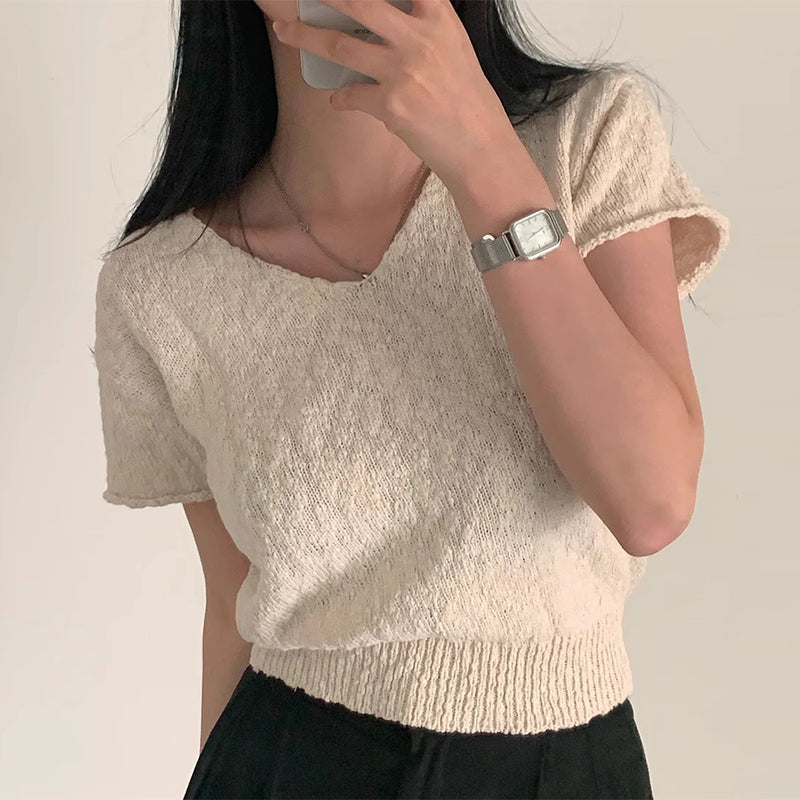 Female Solid Color Thin Sweater Short Pullover Top