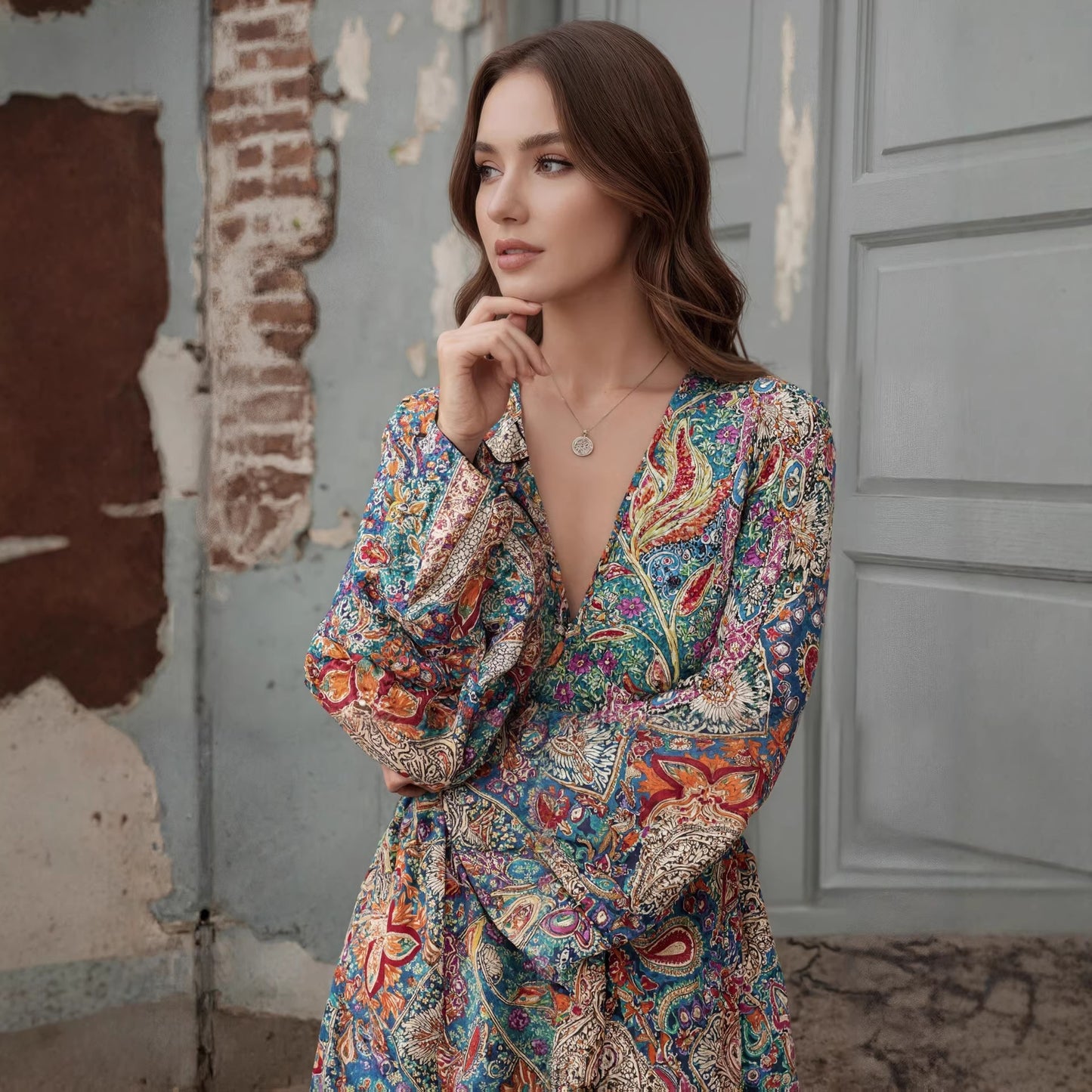 New Bohemian-style Fashion Casual Printed V-neck Womens Dress