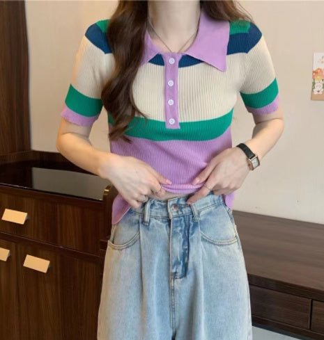 Color Stitching Lapel T-shirt Slim Fit And Slim Short Sleeves