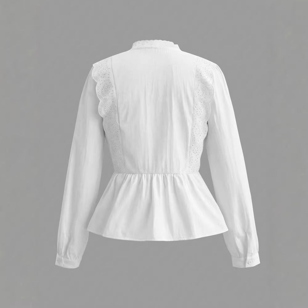 Womens Designer Lace Trim Long-Sleeve Casual Tie-Up Shirt Top