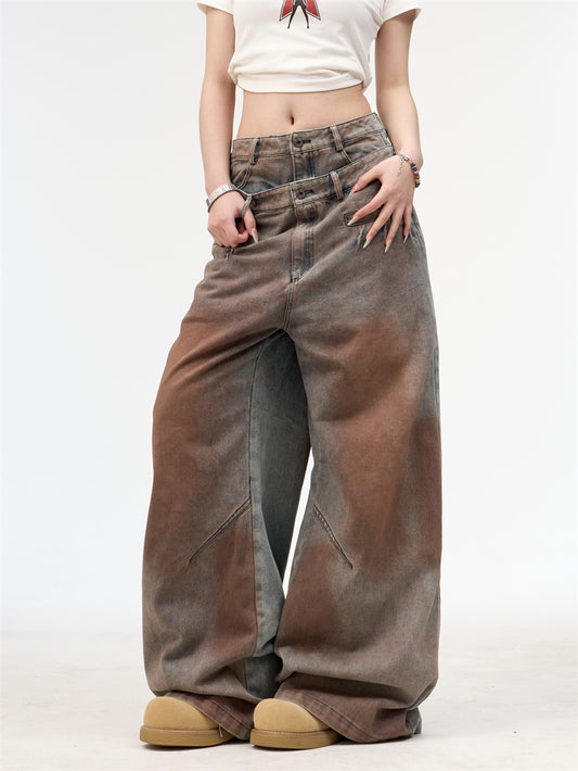 Women's American Retro Washed Double Waisted Jeans