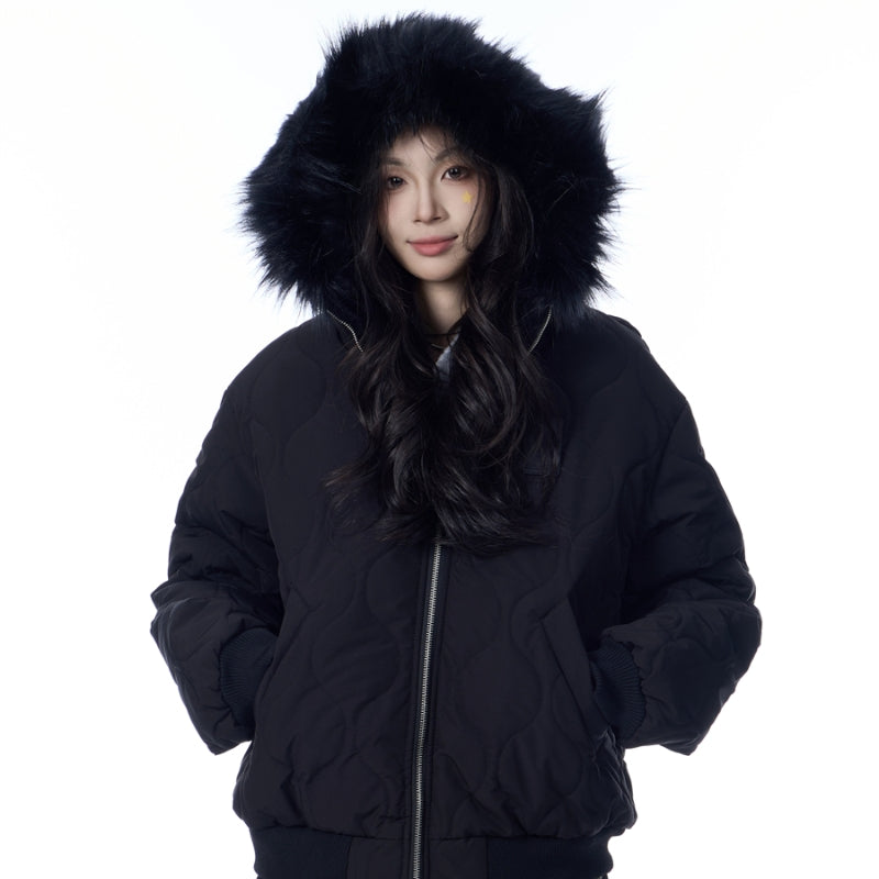 American Retro Rhombus Fur Collar Cotton Cardigan Hooded Cotton Jacket