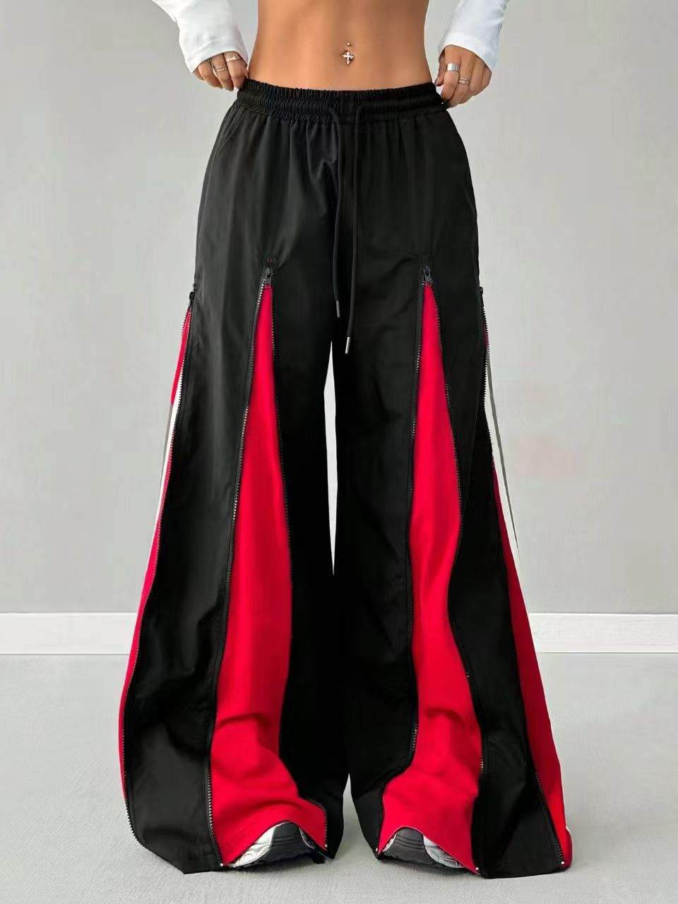Women's Contrast Color Bell-bottom Pants-black And Red Casual Elastic Waist
