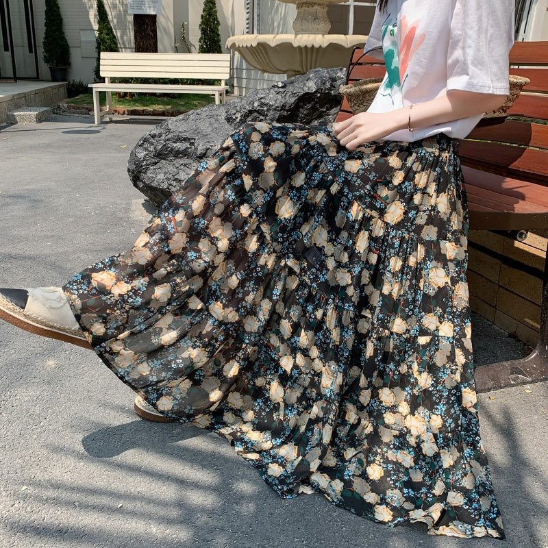 High Waist Drooping Printed Chiffon Floral Skirt For Women