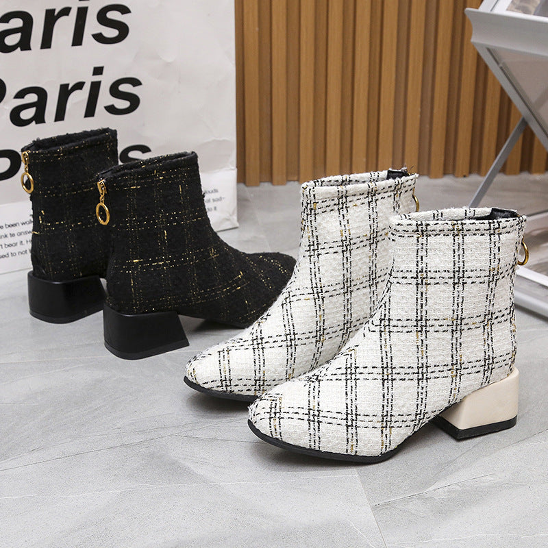 Autumn And Winter Plus Velvet Warm Plaid Martin Boots With Zipper Tips