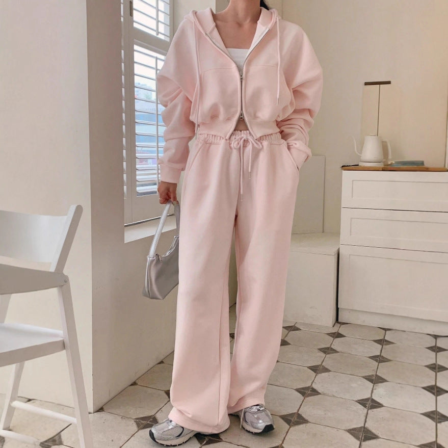 Hooded Solid Color Sweatsuit With Drawstring