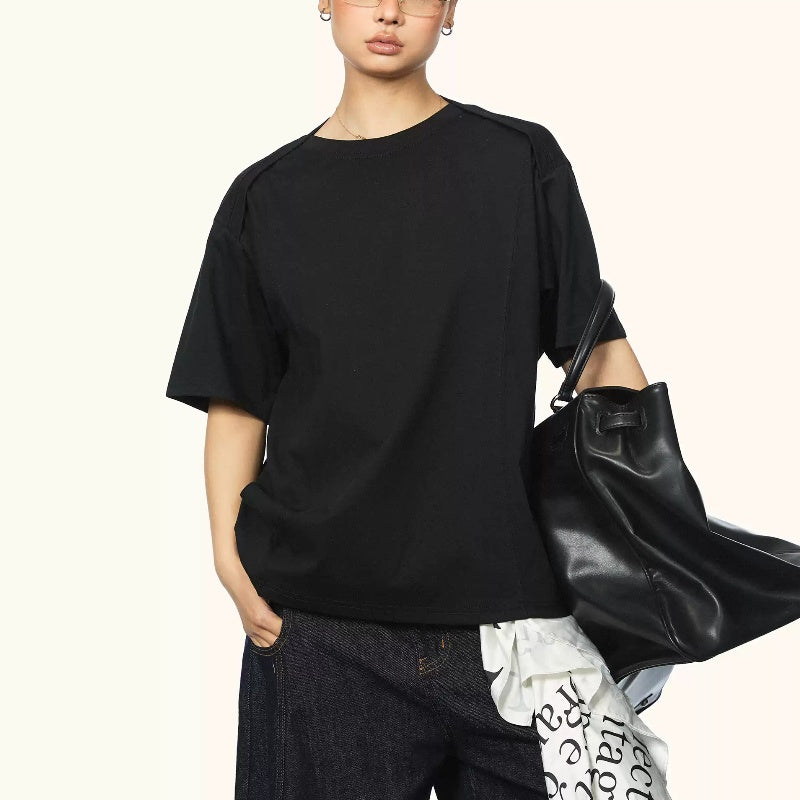 Retro Round Neck Short Sleeves T-shirt Women's Summer Stitching Design Sense