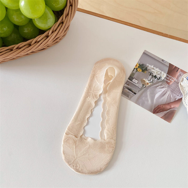 Maple Leaf Shallow Mouth Lace Invisible Terry Bottom Women's Low-cut Liners Socks
