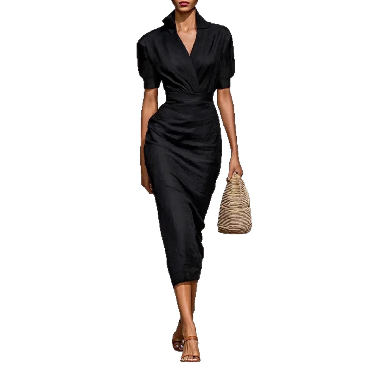 Elegant Solid-color Short-sleeved Belted A-line Dress In A Classic French Style