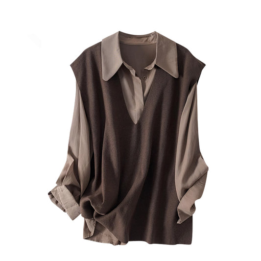 Knitted Vest Long Sleeved Shirt Two-piece Set