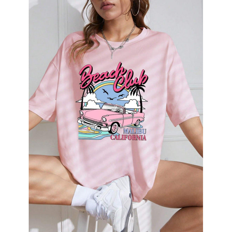 Retro Biker's Pink Loose Printed All-matching T-shirt