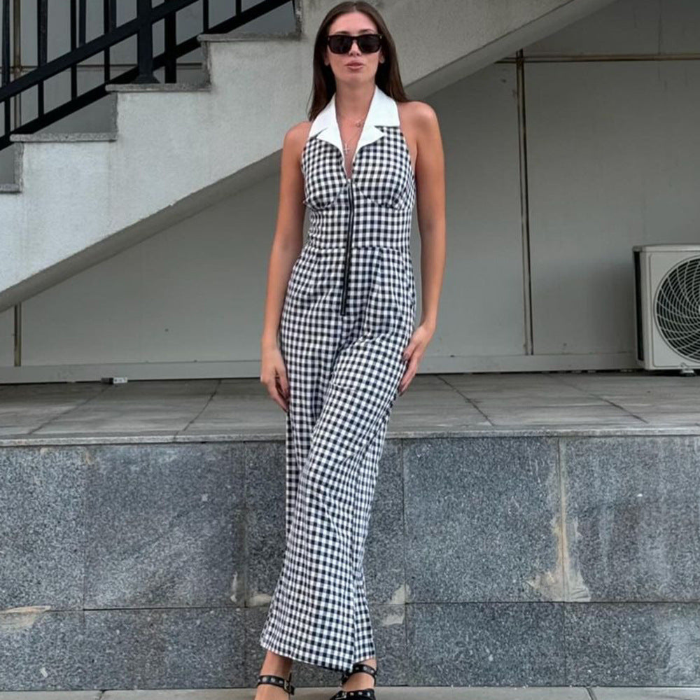 Sexy Backless Blouse Collar Zipper Plaid Jumpsuit