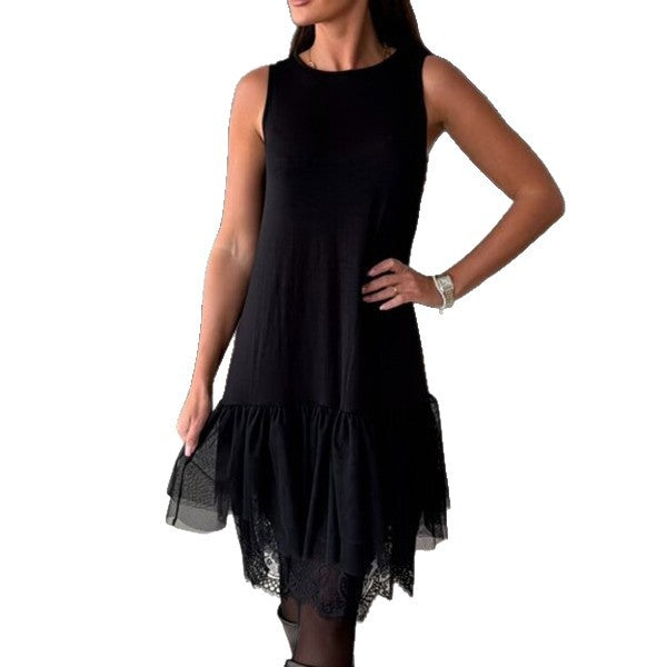 Womens Lace Mesh Patchwork Fashion Sleeveless Crew Neck Dress