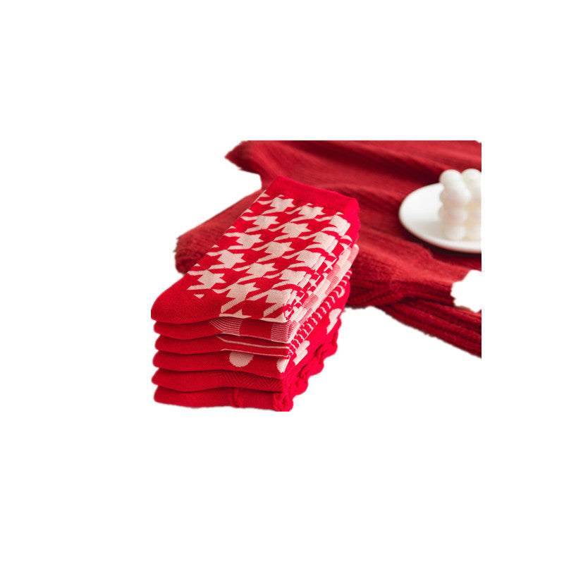 Houndstooth Red Christmas Socks Cotton