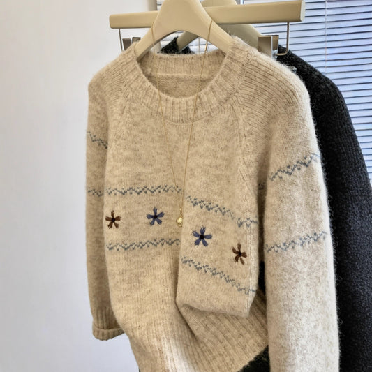 Women's Floral Embroidered Pullover Sweater Loose Lazy Style
