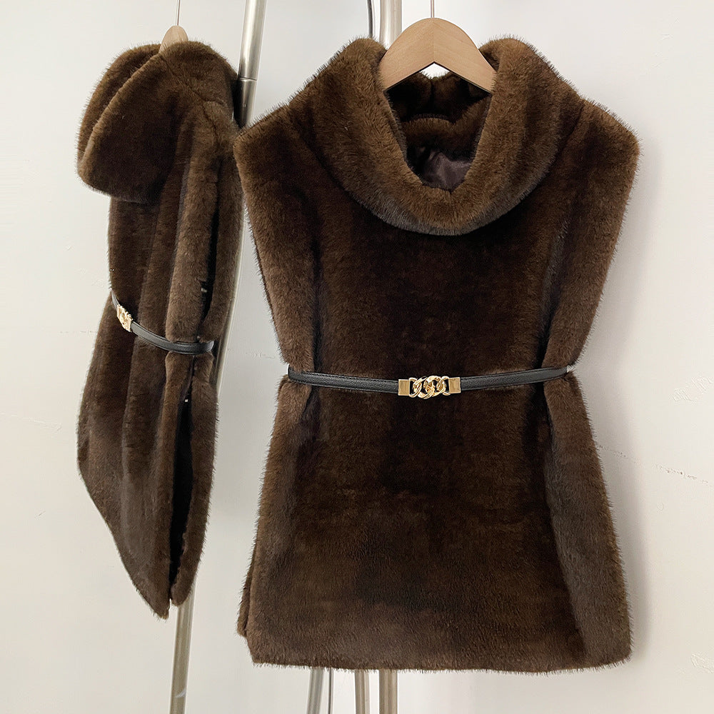 Elegant Women's Sleeveless Belt Turtleneck Top