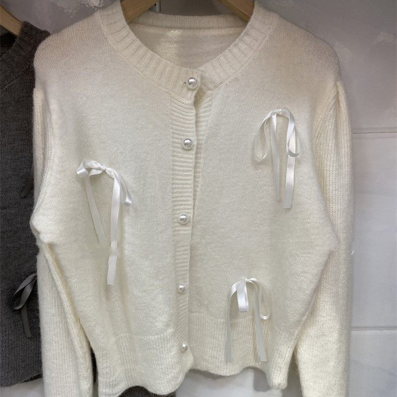 Ribbon Bow Bandage Fashionable Round Neck Coat Top