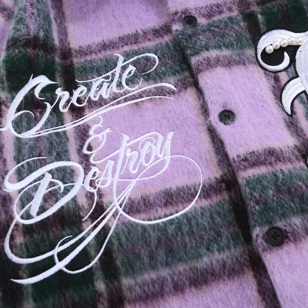 Embroidered Letter Color Matching Plaid Woolen Shirt