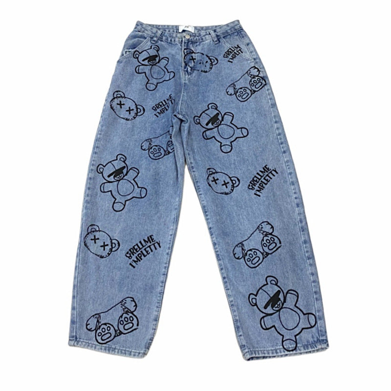 Retro Cartoon Print Casual Loose Wide-leg Straight-leg Pants