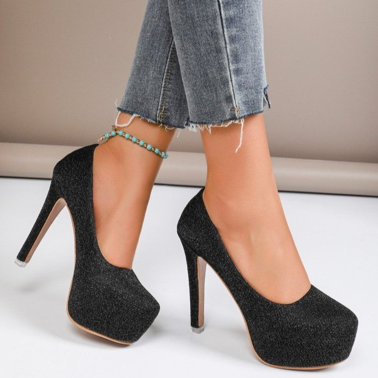 High Heel Stiletto Round Toe Sequin Fashion Nightclub