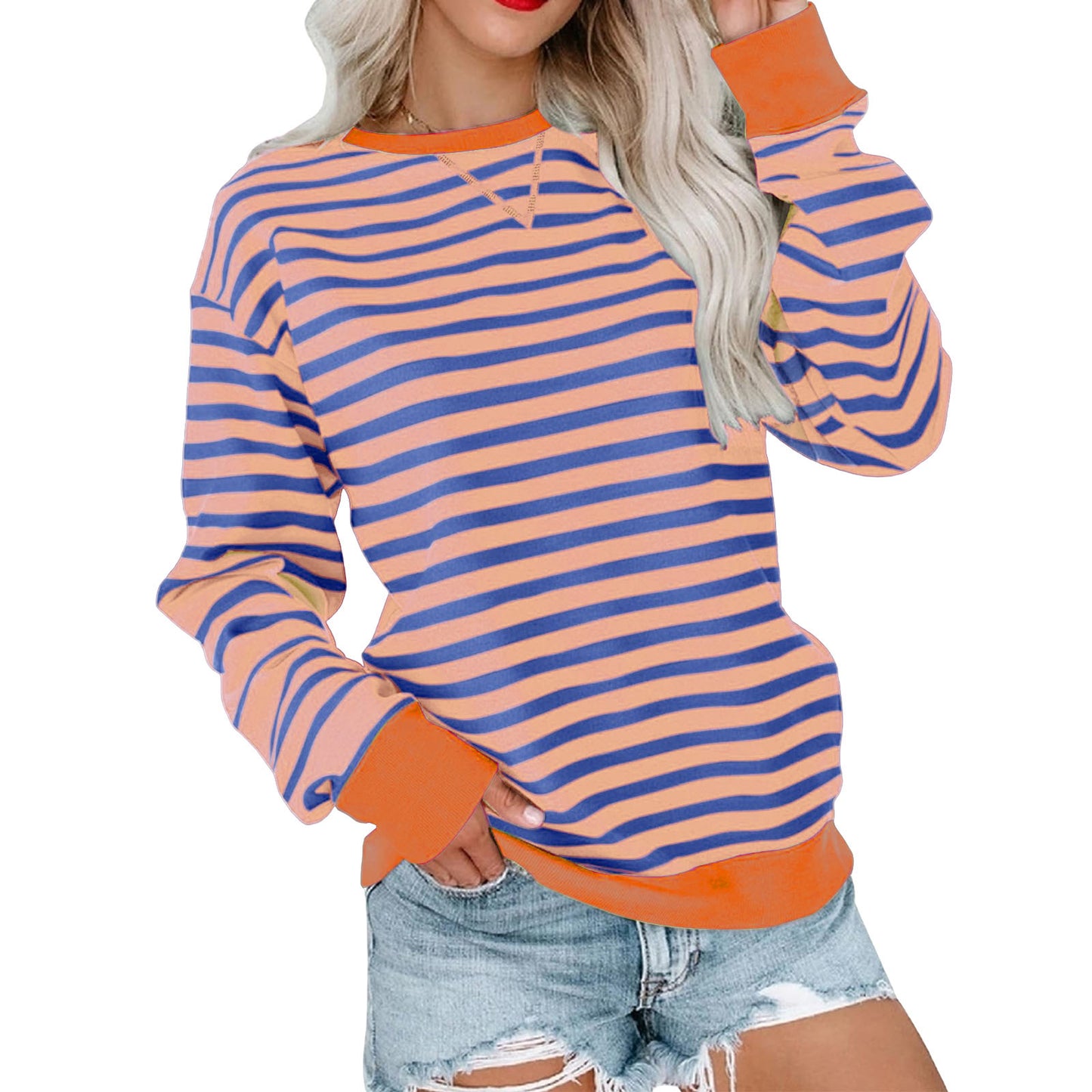 New Striped Color-Blocked Long-Sleeved Casual Crew Neck Sweatshirt