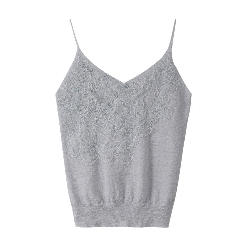 Temperament And Thin Lace Stitching Single Wear Knitted Vneck Suspender