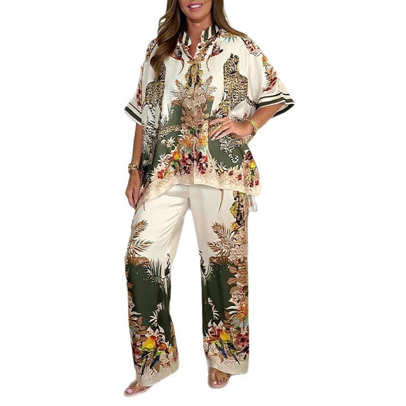 Fashionable Casual Printed Button-up Shirt And Straight-leg Pants Set