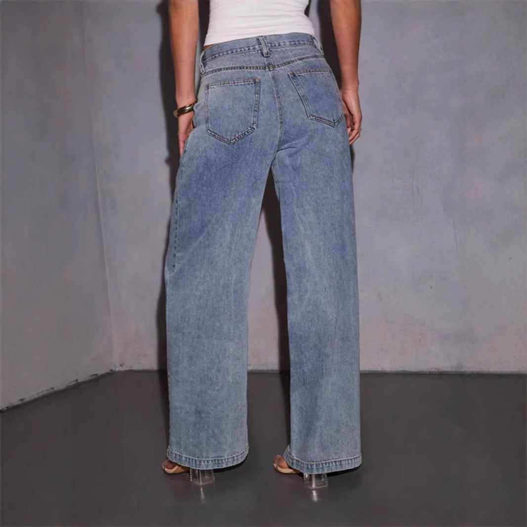 Slimming And Straight Versatile Retro Draping Mid-waist Wide-leg Jeans