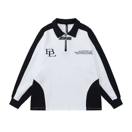 Color Patchwork Monogram Embroidery Lapel Hoodie
