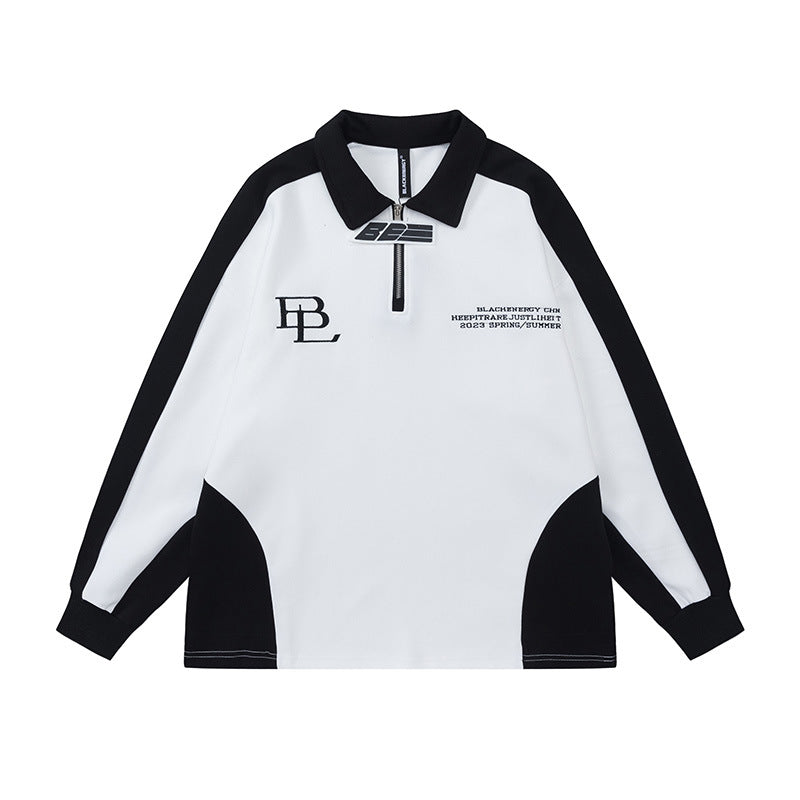 Color Patchwork Monogram Embroidery Lapel Hoodie
