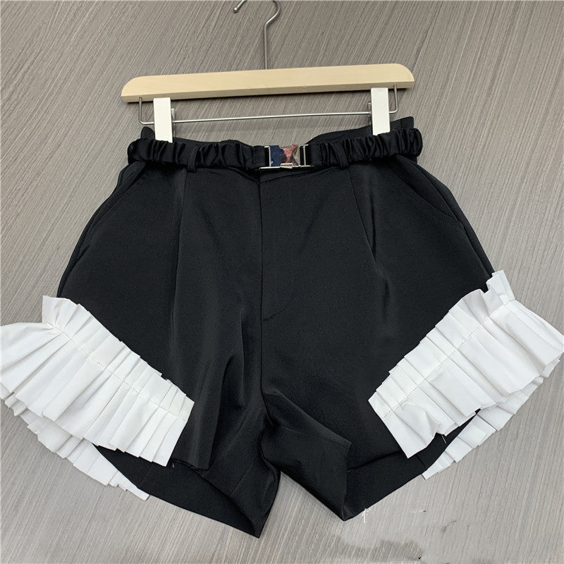 Contrasting Color Stitching Lotus Leaf Lace Was Thin High-waist Suit Shorts