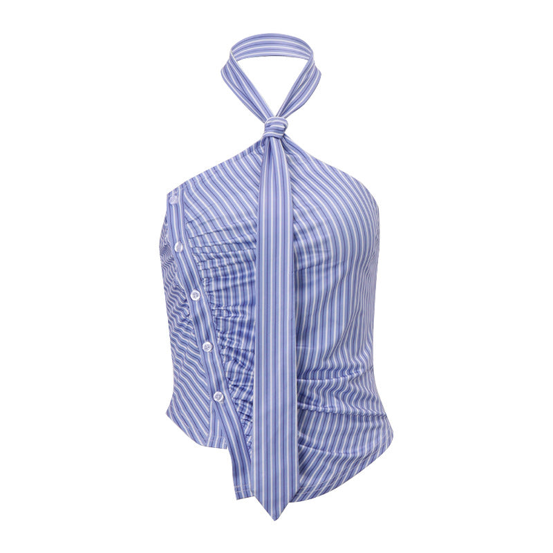 Irregular Striped Printed Tie Design Halter Vest