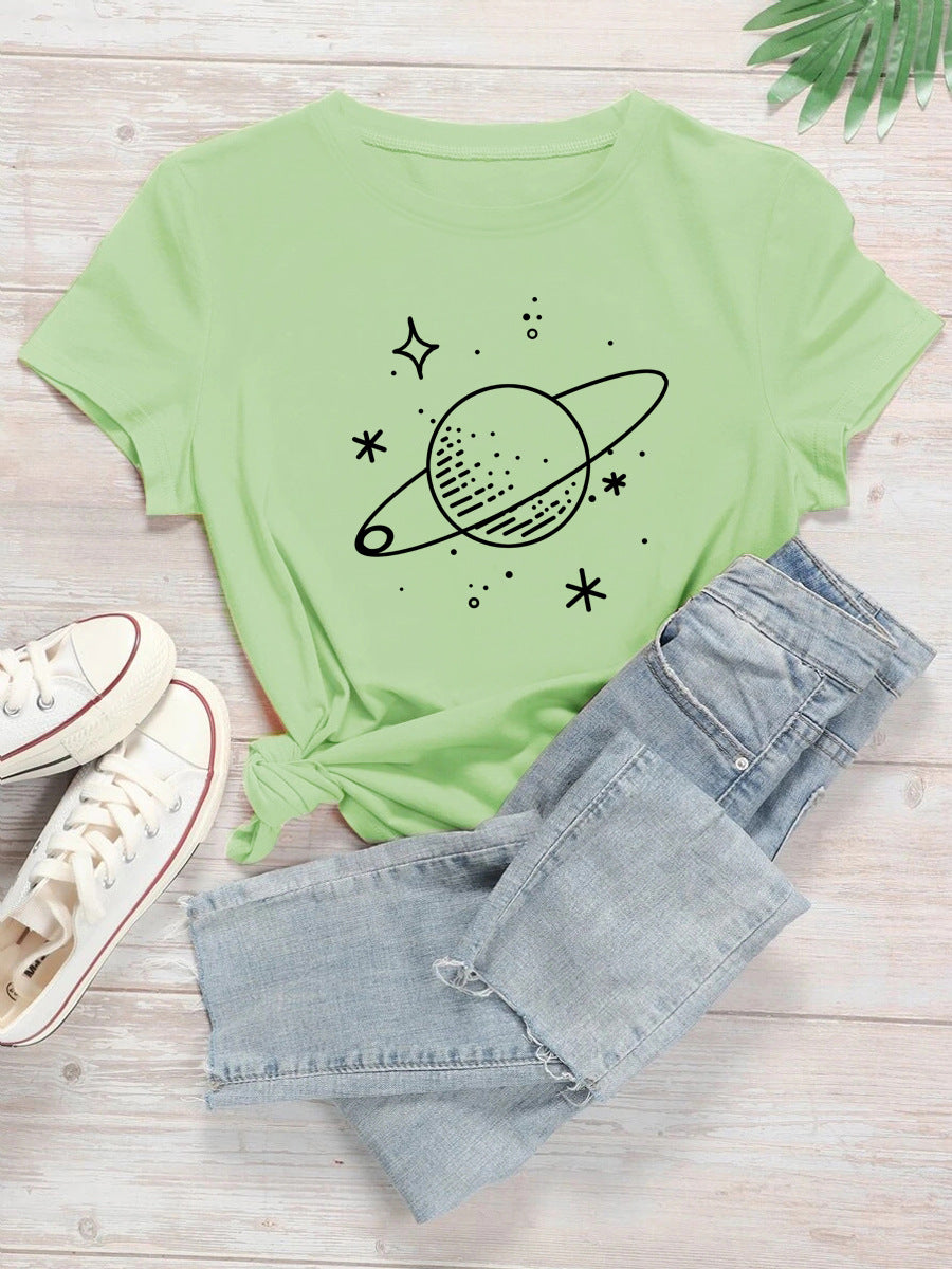 Dame alsidig T-shirt med planetprint, afslappet, løs pasform, korte ærmer