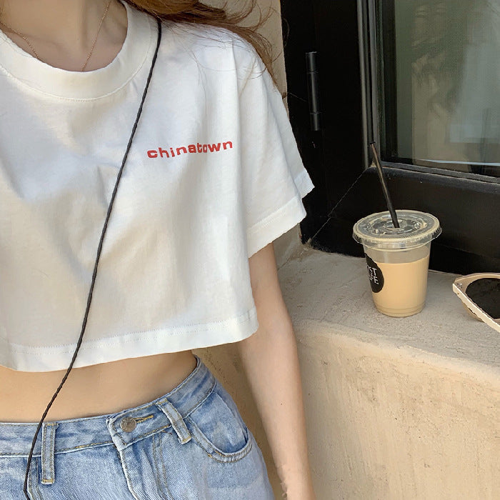 Korean Style Student Lazy Bf Loose Printed Personalized Hong Kong Style Short Midriff Outfit Top