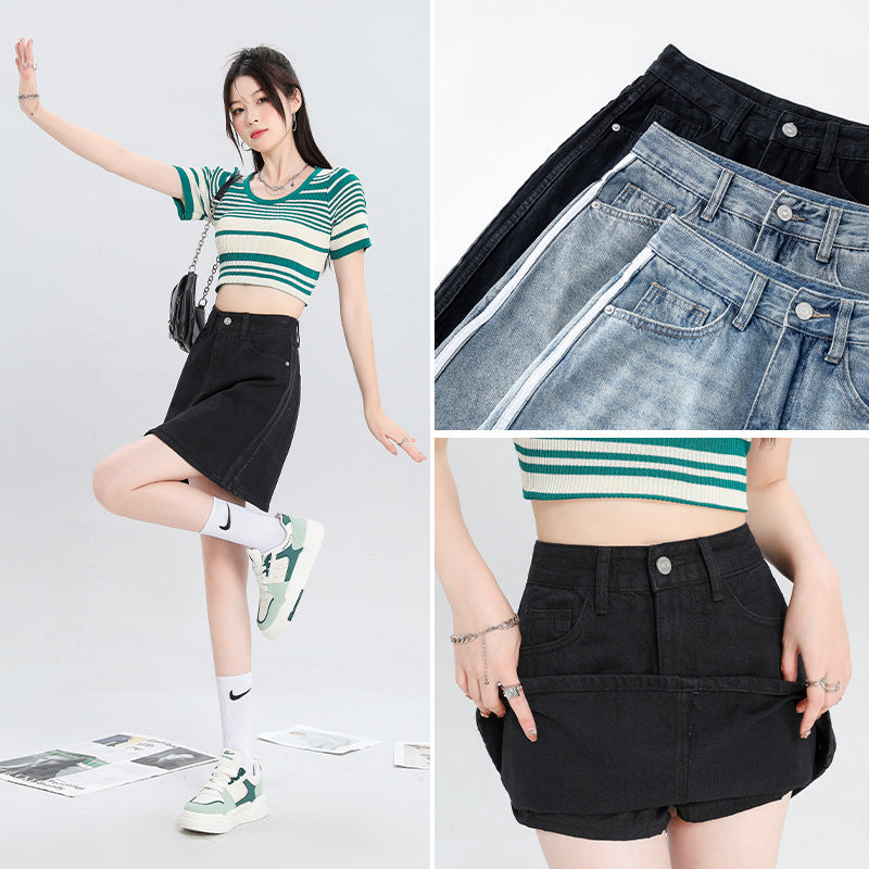 Three-color Ribbon A- Line Skirt High Waist Lining Anti-exposure Skirt