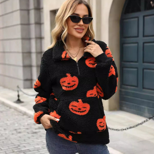 Efterår og Vinter Ny Europæisk og Amerikansk Halloween Græskarprint Halv Lynlås Plys Pullover Sweater