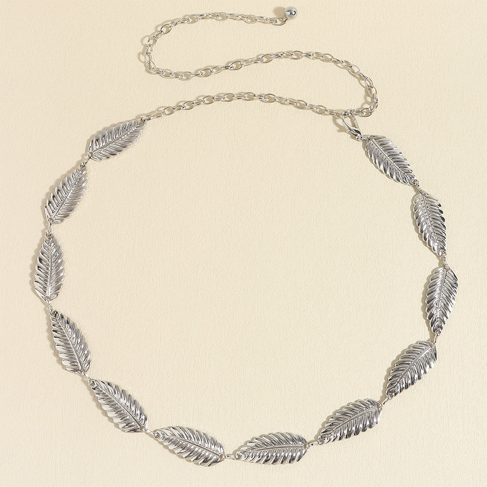 Metallic Silver Women's Waist Chain Feather Leaves Everything Dress Shirt Chain Simple Accessories