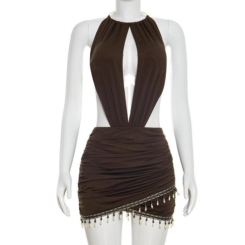 Solid-color Bohemian Sexy Halter Maxi Bodycon Dress With A Plunging Back