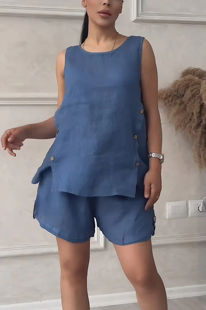 Women's Plus-size Cotton-linen Shirt Set
