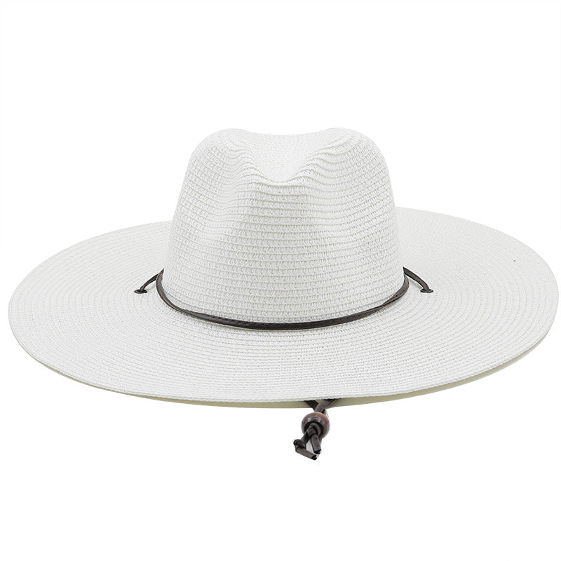 Paper Woven Panama Straw Hat Windproof Rope Flat Big Brim Sunscreen Beach