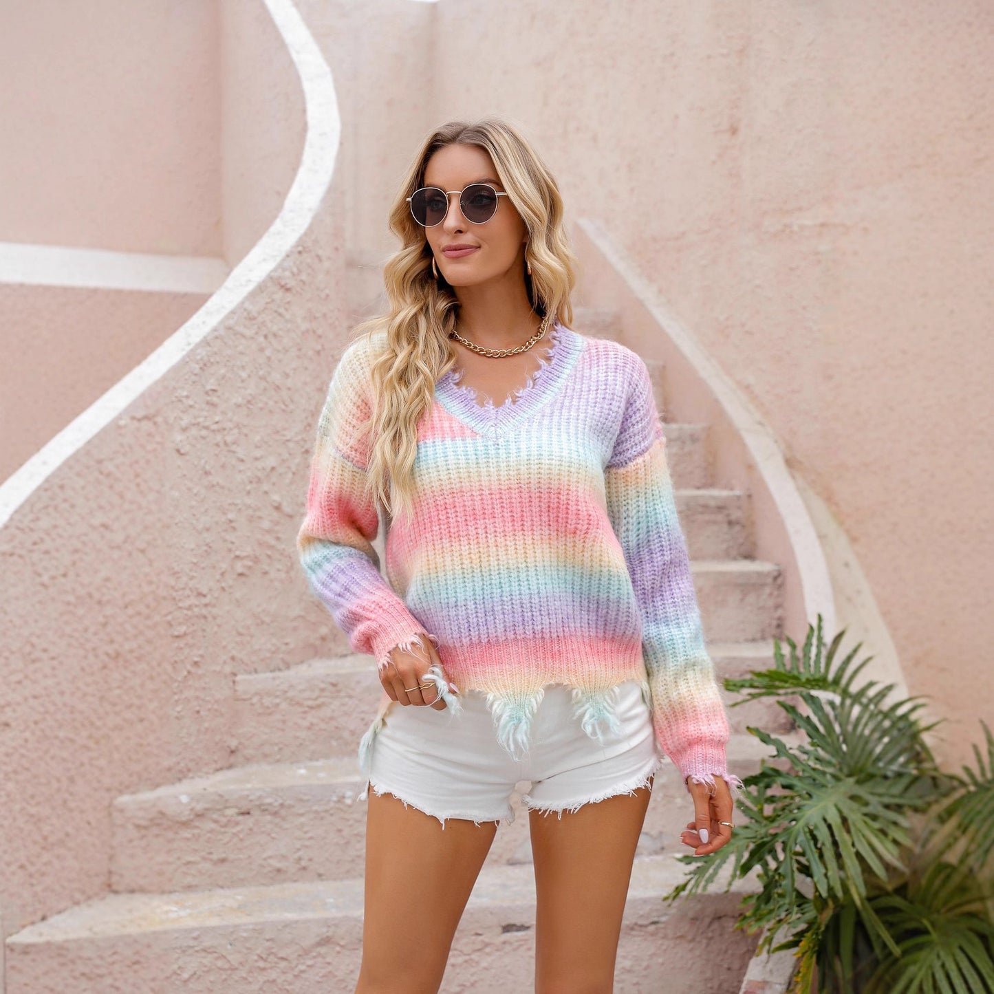 Knitted Sweater Loose Cut Tassel Plus Size Rainbow Sweater