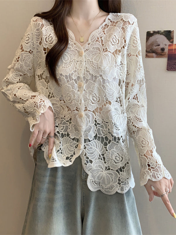 Women's Lace Embroidered Hollow Out Long Sleeve Top