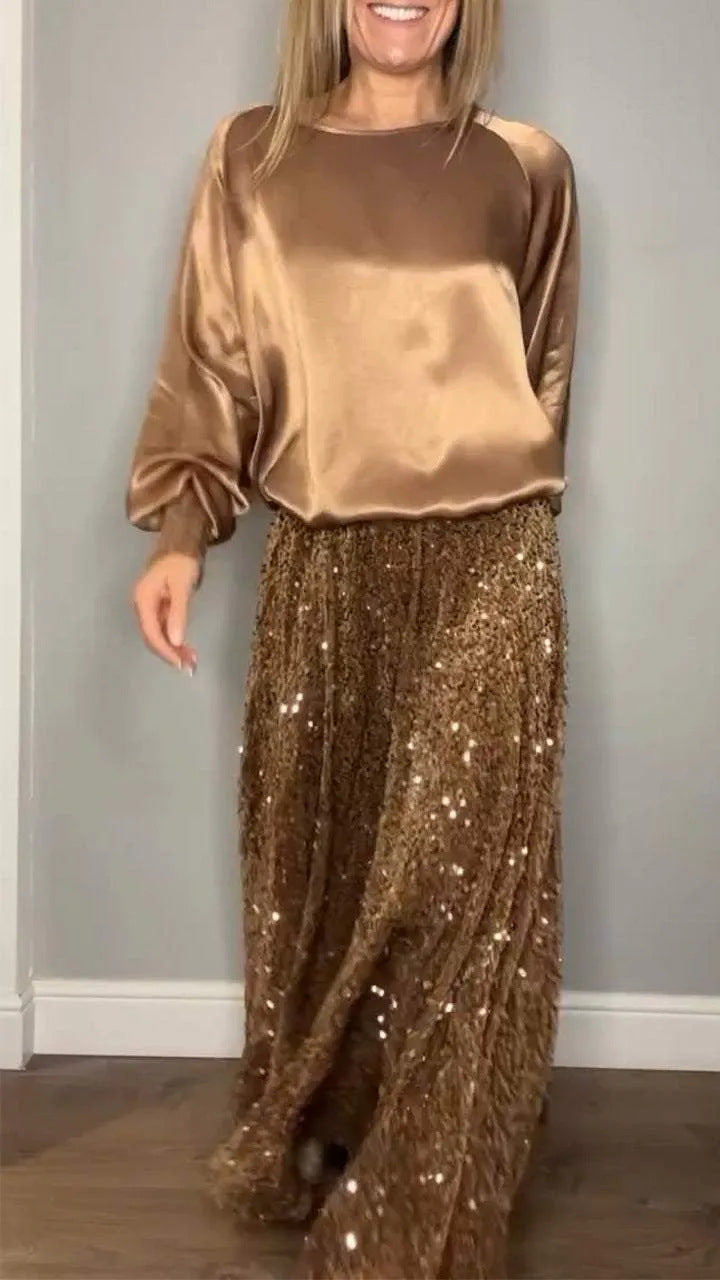 Round Neck Satin Top Sequin Dress Suit Two-piece Set