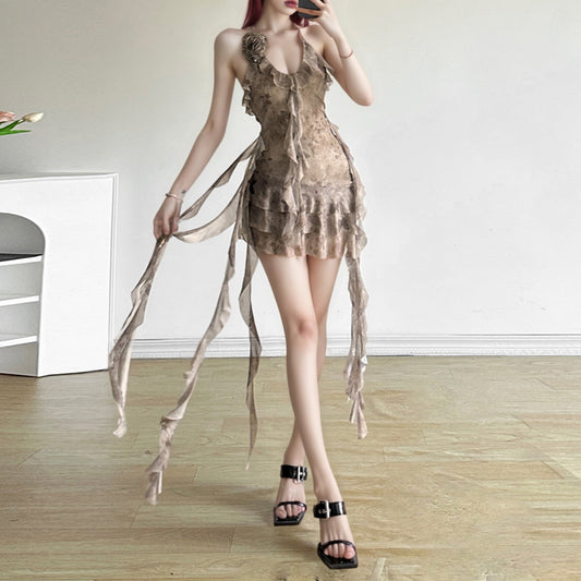Spicy Girl Sexy Mesh Tassel Asymmetrical Dress