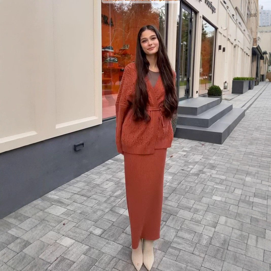 V-neck Cardigan With Tie Details, A Loose-fitting, Versatile Knit Sweater Dress Set